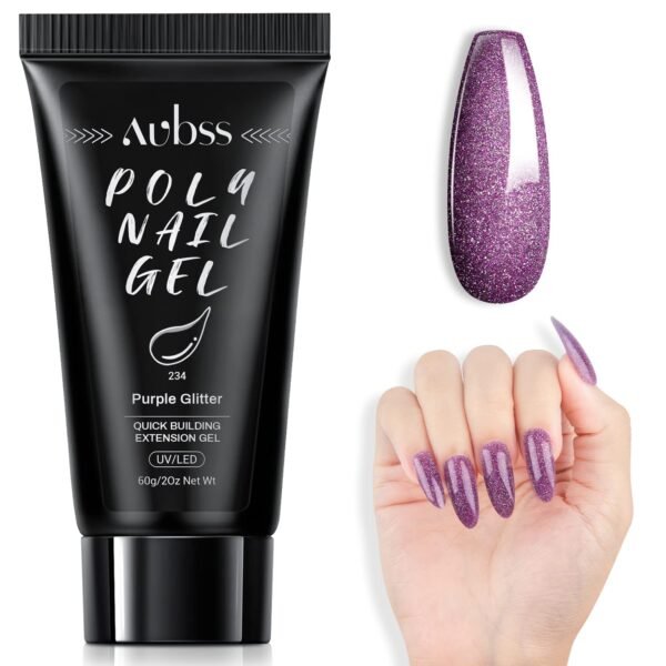 Purple Glitter Poly Nail Gel, Aubss 60G Poly Nail Extension Gel Glitter Builder