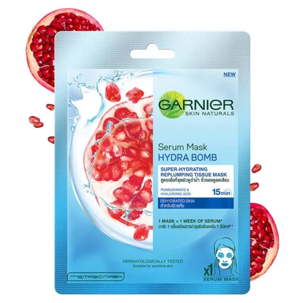 Garnier Skin Naturals Hydra Bomb Face Serum Sheet Mask is enriched with antioxidant pomegranate to deliver deep hydration to the skin. Suitable for dehydrated and dry skin.